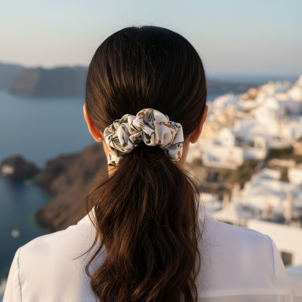 MEEKA εμπριμέ σατέν scrunchie (λαστιχάκι μαλλιών) με safari pattern σε γήινες αποχρώσεις. Κομψό εξωτικό αξεσουάρ μαλλιών με απαλή υφή και σταθερό κράτημα, ιδανικό για καλοκαιρινά looks.