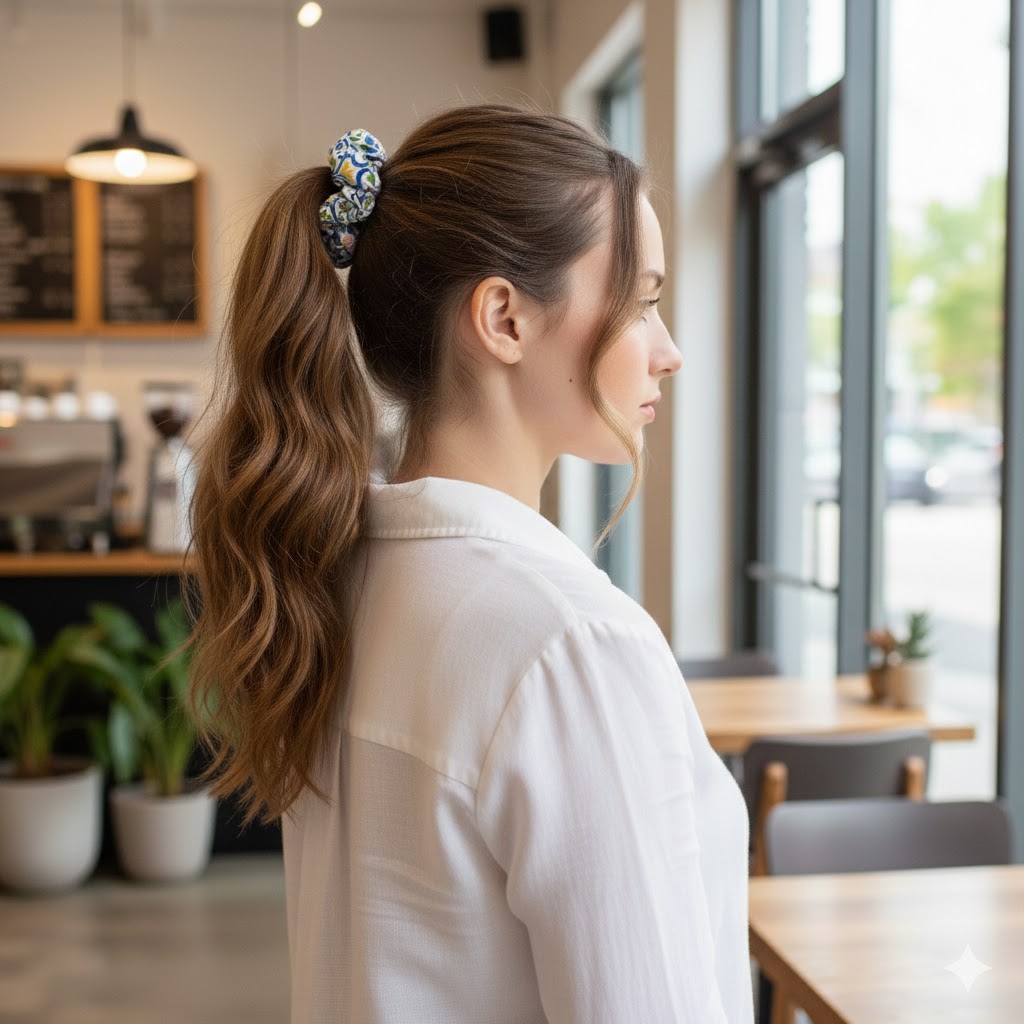 SORENTO εμπριμέ σατέν scrunchie (λαστιχάκι μαλλιών) με vintage μεσογειακό pattern σε royal blue και κίτρινες αποχρώσεις. Κομψό καλοκαιρινό αξεσουάρ μαλλιών με απαλή υφή και σταθερό κράτημα.