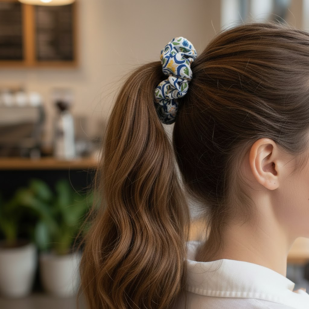 SORENTO εμπριμέ σατέν scrunchie (λαστιχάκι μαλλιών) με vintage μεσογειακό pattern σε royal blue και κίτρινες αποχρώσεις. Κομψό καλοκαιρινό αξεσουάρ μαλλιών με απαλή υφή και σταθερό κράτημα.