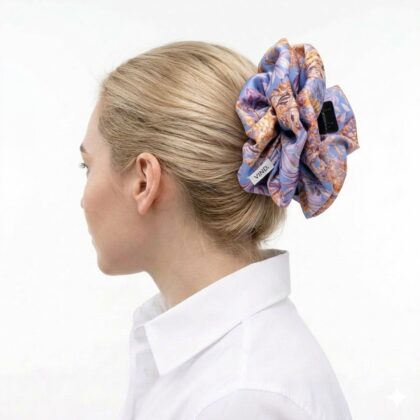 Satin hair klammer LILIAN με spring floral pattern σε lila και yellow αποχρώσεις. Χειροποίητο ανοιξιάτικο statement αξεσουάρ.