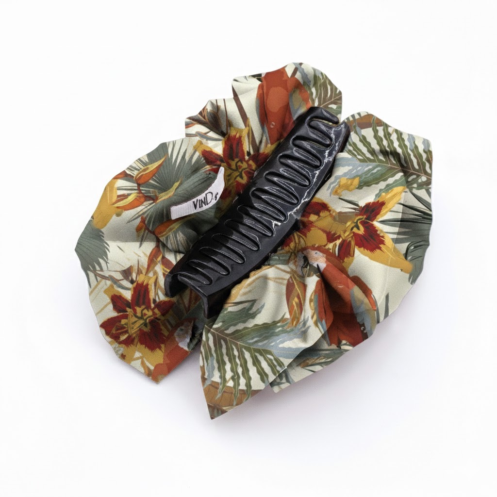 Satin hair klammer RONTA με tropical pattern (τουκάν και μεγάλα φύλλα) σε κεραμιδί, λαδί και γκρι αποχρώσεις. Χειροποίητο resort statement αξεσουάρ.