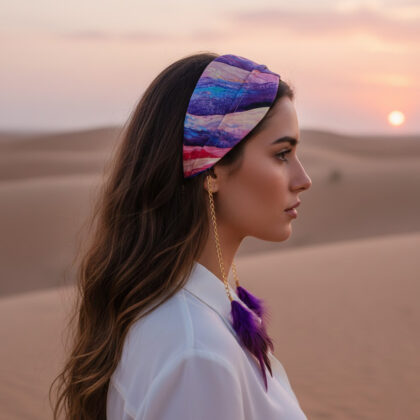 Χειροποίητη σατέν στέκα μαλλιών BERYL BLACK με abstract marble pattern, χρυσές αλυσίδες και μοβ φτερά. Boho-chic αξεσουάρ μαλλιών που προσθέτει ένταση και καλλιτεχνικό χαρακτήρα σε κάθε καλοκαιρινό look.