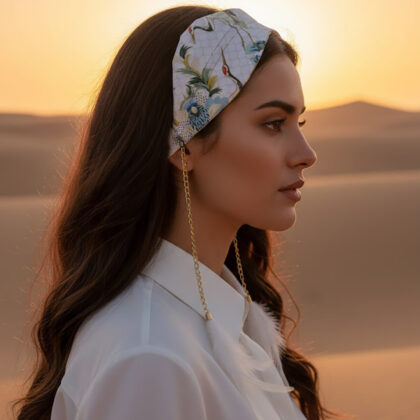 Χειροποίητη σατέν στέκα μαλλιών DESNA με χρυσές αλυσίδες και λευκά φτερά. Κομψό boho-chic αξεσουάρ μαλλιών που προσθέτει καλοκαιρινή κομψότητα και ιδιαίτερο στυλ.