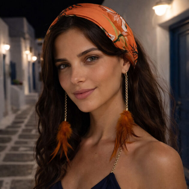 Χειροποίητη σατέν στέκα μαλλιών VIRGINIE ORANGE με tropical pattern σε orange και olive αποχρώσεις, χρυσές αλυσίδες και πορτοκαλί φτερά. Boho-chic αξεσουάρ μαλλιών για εντυπωσιακά καλοκαιρινά looks.