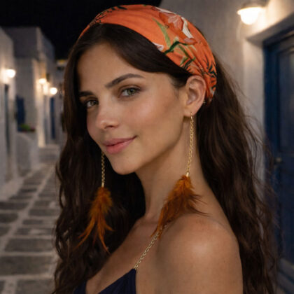 Χειροποίητη σατέν στέκα μαλλιών VIRGINIE ORANGE με tropical pattern σε orange και olive αποχρώσεις, χρυσές αλυσίδες και πορτοκαλί φτερά. Boho-chic αξεσουάρ μαλλιών για εντυπωσιακά καλοκαιρινά looks.