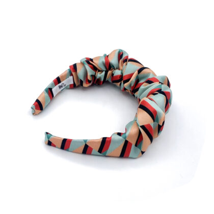 MALIKA satin headband με retro pop art pattern σε salmon και mint αποχρώσεις. Χειροποίητη σύγχρονη στέκα μαλλιών.