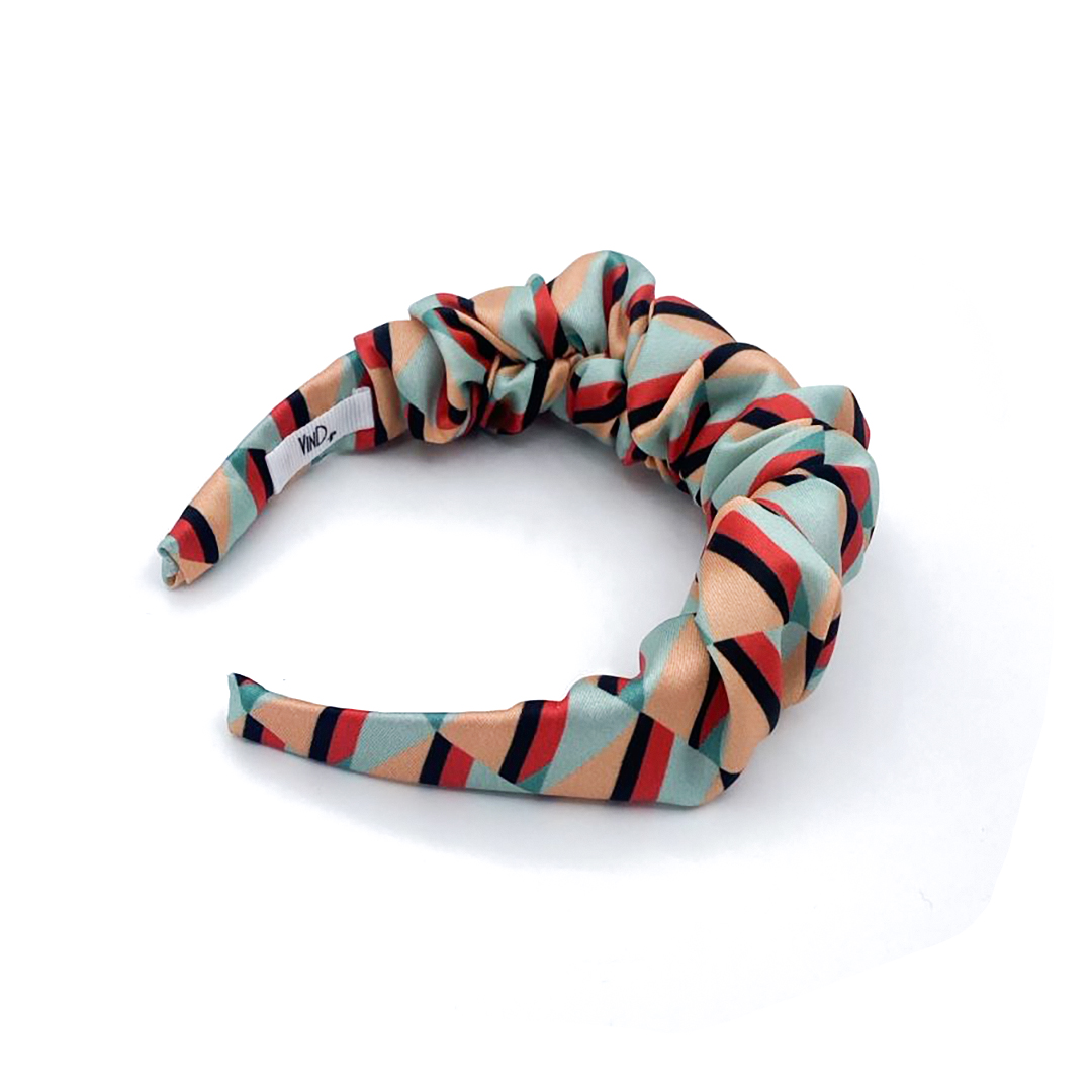 MALIKA satin headband με retro pop art pattern σε salmon και mint αποχρώσεις. Χειροποίητη σύγχρονη στέκα μαλλιών.