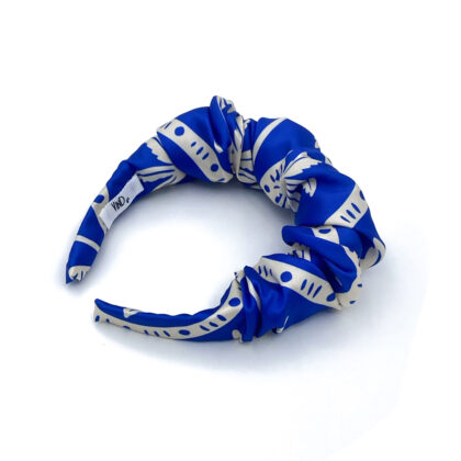 TARIFA satin headband με Hawaiian palm pattern σε royal blue και ιβουάρ αποχρώσεις. Χειροποίητη resort στέκα μαλλιών.