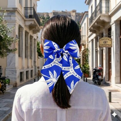 TARIFA εμπριμέ φιόγκος μαλλιών από σατέν με tropical pattern με χαβανέζικους φοίνικες σε royal blue και ivory αποχρώσεις. Διαθέτει μπαρέτα για εύκολη εφαρμογή και σταθερό κράτημα. Κομψό καλοκαιρινό αξεσουάρ μαλλιών με τροπική αισθητική.