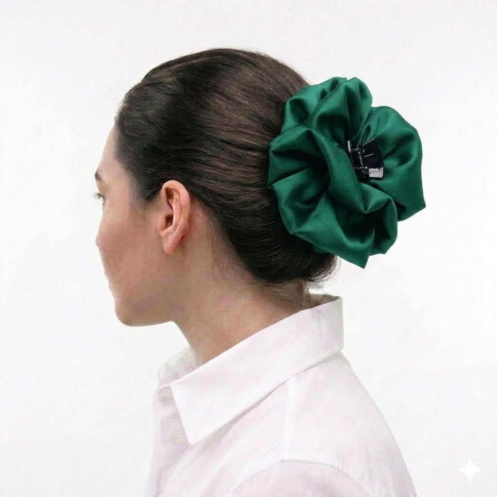 Satin hair klammer GREEN με μονόχρωμο σατέν ύφασμα. Χειροποίητο κομψό πράσινο αξεσουάρ μαλλιών.