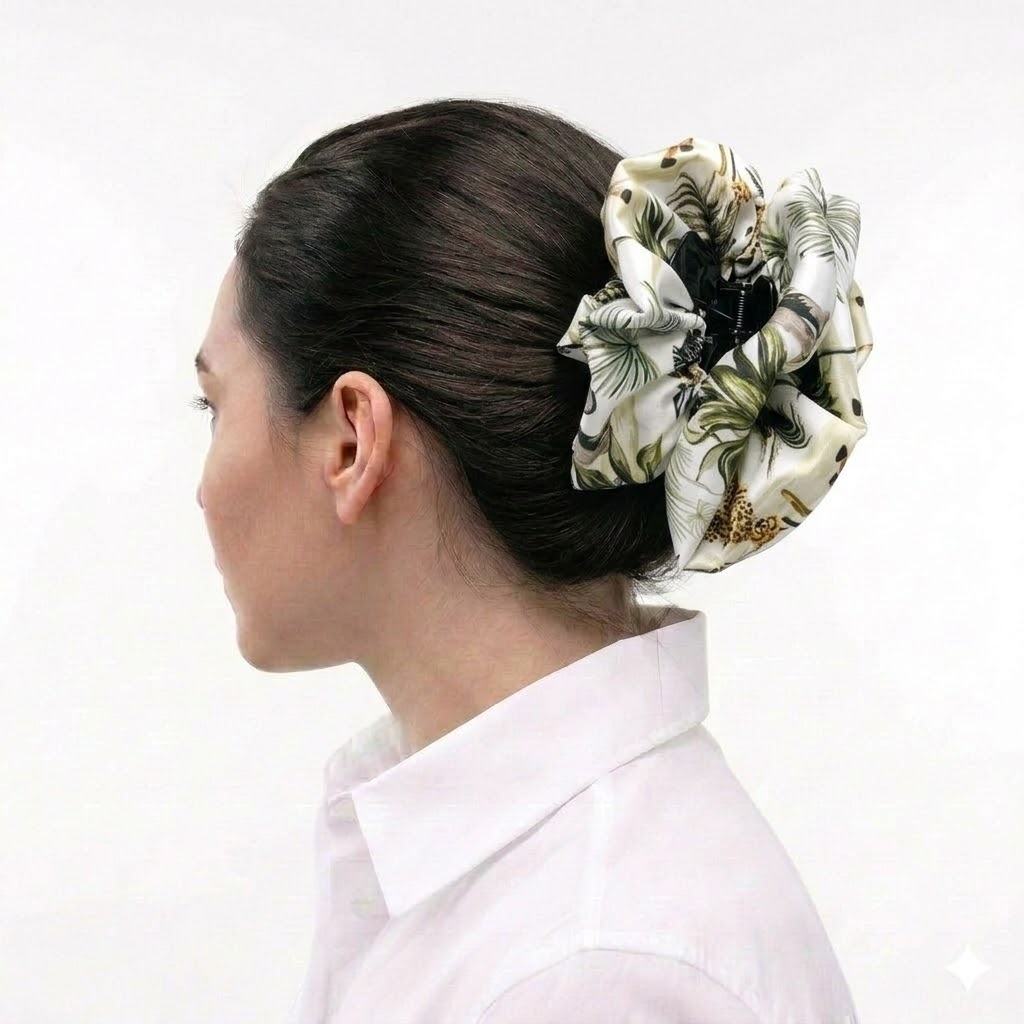 Satin hair klammer MEEKA με safari pattern (φοίνικες και wildlife motifs) σε γήινες αποχρώσεις. Χειροποίητο exotic statement αξεσουάρ.