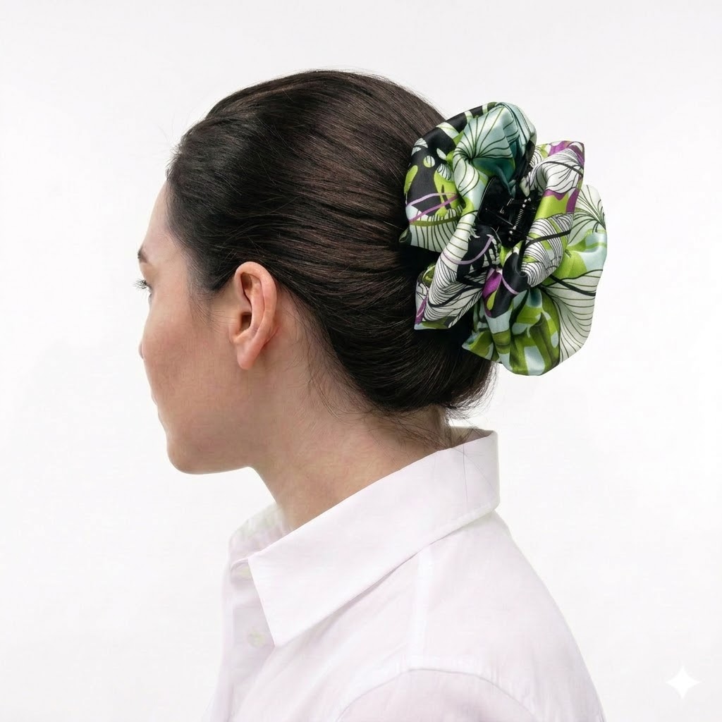 Satin hair klammer UBERTA με monstera leaves pattern σε green, mint και violet αποχρώσεις. Χειροποίητο botanical statement αξεσουάρ.