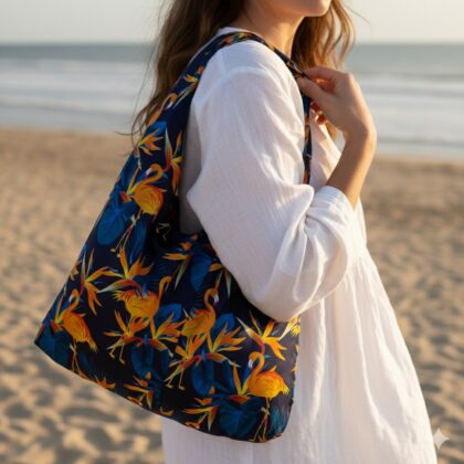 MALAGA χειροποίητη oversized σατέν τσάντα με tropical leaves και flamingo pattern σε αποχρώσεις πορτοκαλί και μελιτζανί. Ευρύχωρη καλοκαιρινή statement τσάντα.