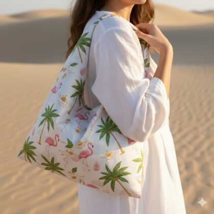 MARBELA χειροποίητη oversized σατέν τσάντα με tropical palms και flamingo pattern σε αποχρώσεις σομόν και πράσινου. Ευρύχωρη καλοκαιρινή statement τσάντα.