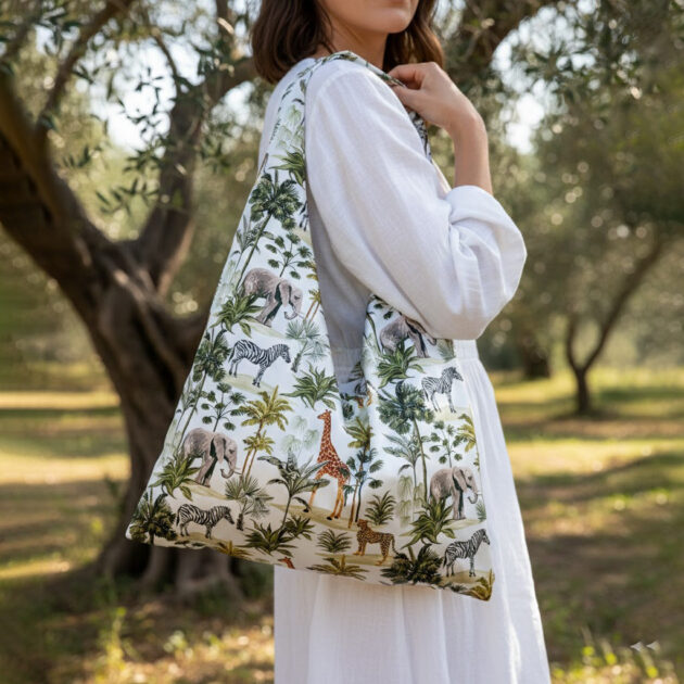 MEEKA χειροποίητη oversized σατέν τσάντα με safari pattern palm trees, zebra, giraffe και elephant σε γήινες αποχρώσεις. Ευρύχωρη καλοκαιρινή statement τσάντα.
