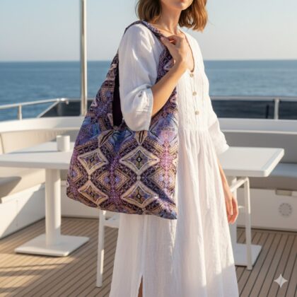 NEYTIRI χειροποίητη oversized σατέν τσάντα με argyle damask pattern σε αποχρώσεις purple, lila και peach. Elegant καλοκαιρινή statement τσάντα.