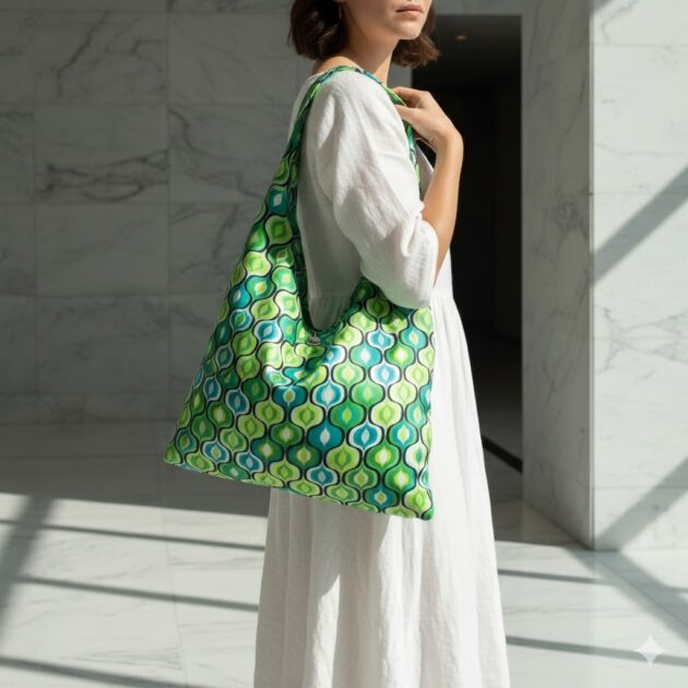 OPAL χειροποίητη oversized σατέν τσάντα με ogee pattern σε τιρκουάζ και teal αποχρώσεις. Ευρύχωρη καλοκαιρινή statement τσάντα με γεωμετρική αισθητική.