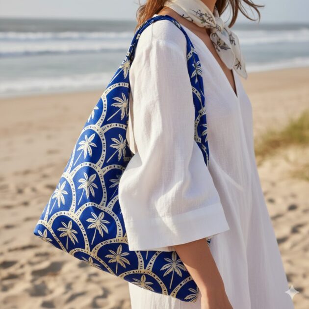 TARIFA χειροποίητη oversized σατέν τσάντα με tropical palm trees pattern σε royal blue και ιβουάρ αποχρώσεις. Ευρύχωρη καλοκαιρινή statement τσάντα.