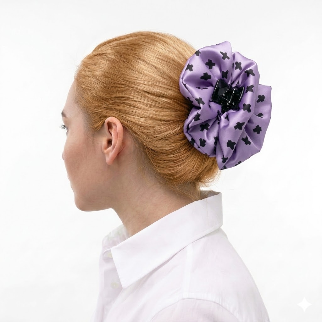 Satin hair klammer CERES με cross pattern σε black και purple αποχρώσεις. Χειροποίητο σύγχρονο statement αξεσουάρ.
