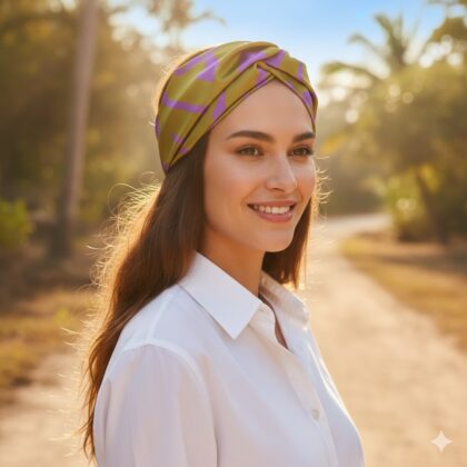 Σατέν bandana κορδέλα μαλλιών LIVIA LIME με geometric lines pattern σε lime αποχρώσεις. Καλοκαιρινό αξεσουάρ μαλλιών με μοντέρνα και φωτεινή αισθητική.