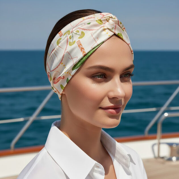 Bandana κορδέλα μαλλιών MARBELA με tropical pattern από φοίνικες και φλαμίνγκο σε σομόν και πράσινες αποχρώσεις. Καλοκαιρινό αξεσουάρ μαλλιών με εξωτική και resort αισθητική.