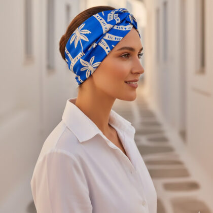 TARIFA bandana κορδέλα μαλλιών με tropical pattern χαβανέζικους φοίνικες σε royal blue και ivory αποχρώσεις. Κομψό καλοκαιρινό αξεσουάρ μαλλιών με άνετη εφαρμογή και versatile styling.