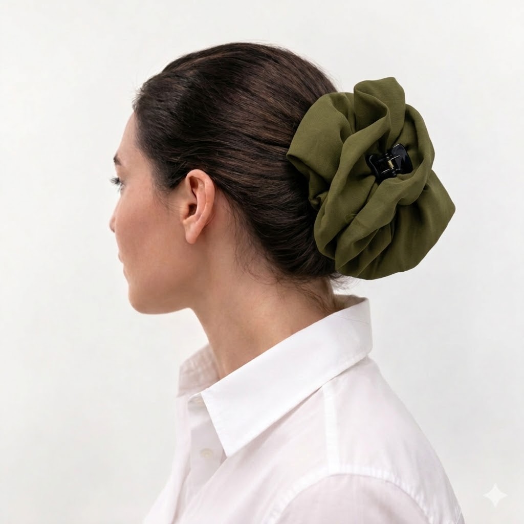 Hair klammer OLIVE με μονόχρωμο ύφασμα βισκόζ. Χειροποίητο πράσινο αξεσουάρ μαλλιών με φυσικό ματ φινίρισμα.